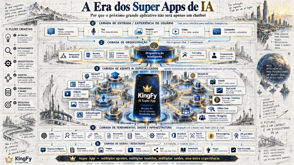 A Era dos Super Apps de IA: camadas de entrada, orquestração, AgentsAI, ferramentas e saídas multimodais no ecossistema KingFy